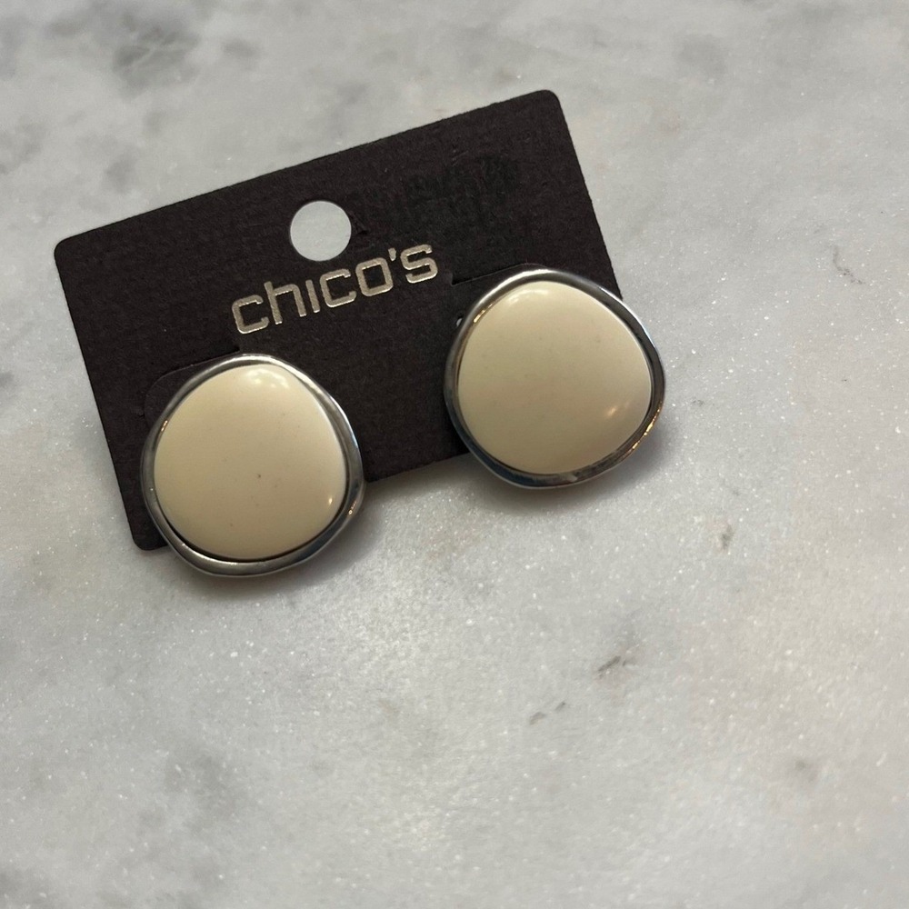Chicos Stud Round Earrings Cream Silver Tone‎ Chunky Oval Pierced New Jewelry